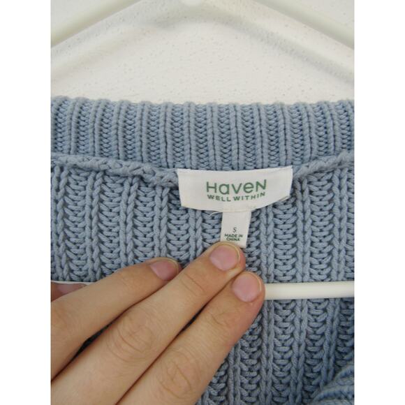 Haven Well Within Small Light Blue Open Knit Fisherman Sweater Cotton Blend - Picture 4 of 6